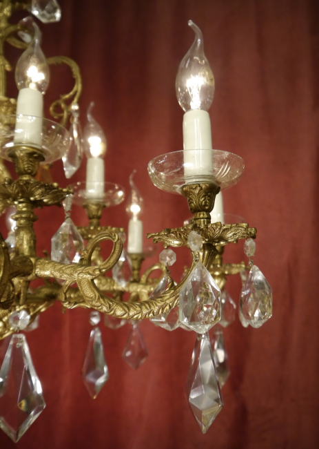Preview: alter Kronleuchter Goldbronze Messing Kristall 12 Lampen