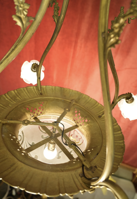 Antique French Art Nouveau Bronze Chandelier with Rose Glass Shades and Large Etched Center Bowl, circa 1900