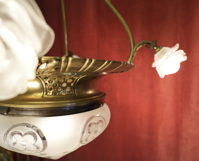 Antique French Art Nouveau Bronze Chandelier with Rose Glass Shades and Large Etched Center Bowl, circa 1900