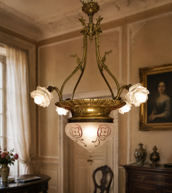 Antiker französischer Jugendstil-Bronzeleuchter mit Rosengläsern und großer geschliffener Zentralschale um 1900