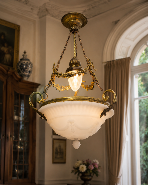 Antiker französischer Louis-XVI-Schalenleuchter aus Messing mit Alabasterglas, um 1925