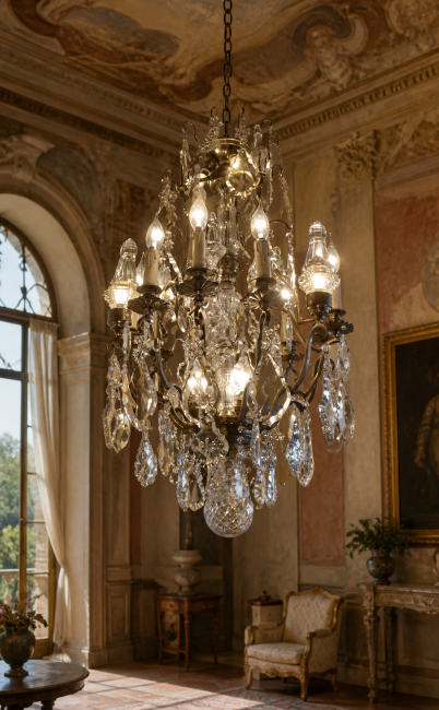 Preview: Schloss-Kronleuchter (Nickel-Patina) mit Kristallbehang & Glasvasen – 18 flammig, ca. 1910–1920