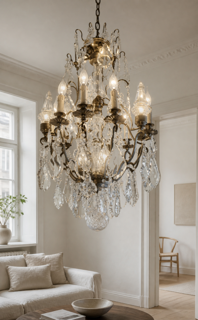 Schloss-Kronleuchter (Nickel-Patina) mit Kristallbehang & Glasvasen – 18 flammig, ca. 1910–1920