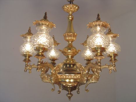 Preview: Französischer Drachen-Kronleuchter, 6-flammig, Messing, um 1970