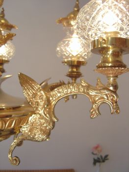 Französischer Drachen-Kronleuchter, 6-flammig, Messing, um 1970