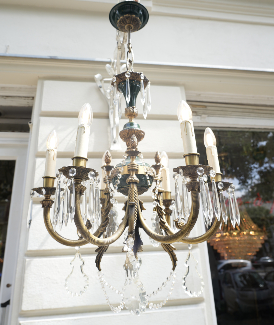 French-Style Bronze and Crystal Six-Light Chandelier, Circa 1970