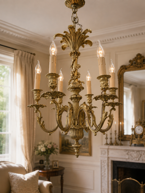 Acanthus tendril chandelier shiny brass bronze Spain around 1970