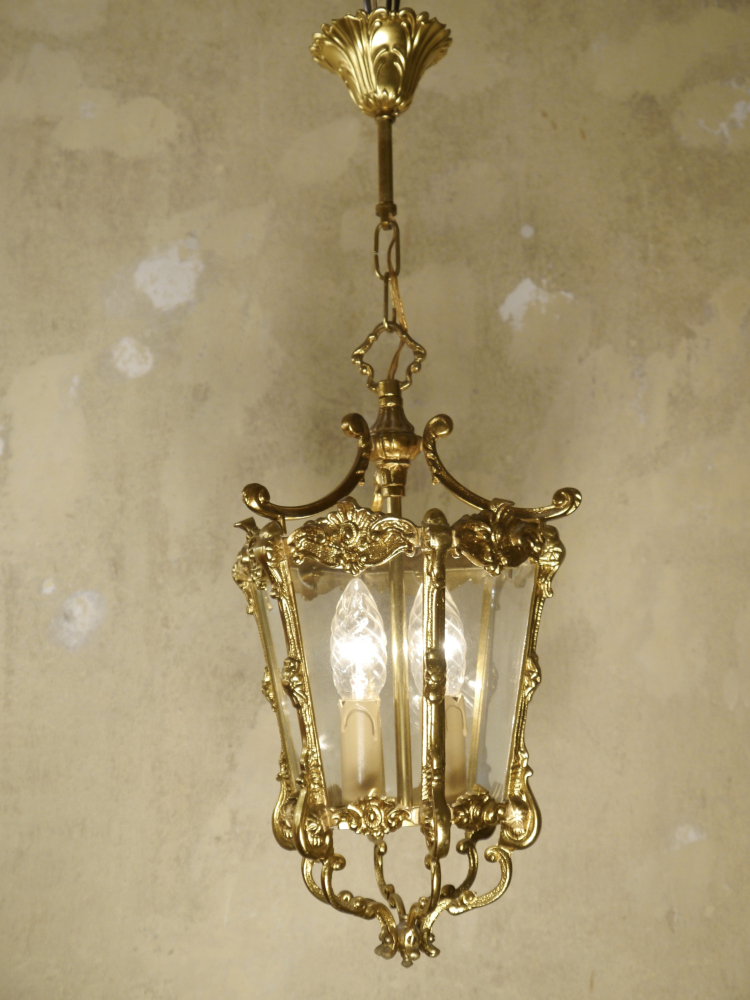 French Brass & Glass Lantern Chandelier – Vintage Ceiling Light 1960s