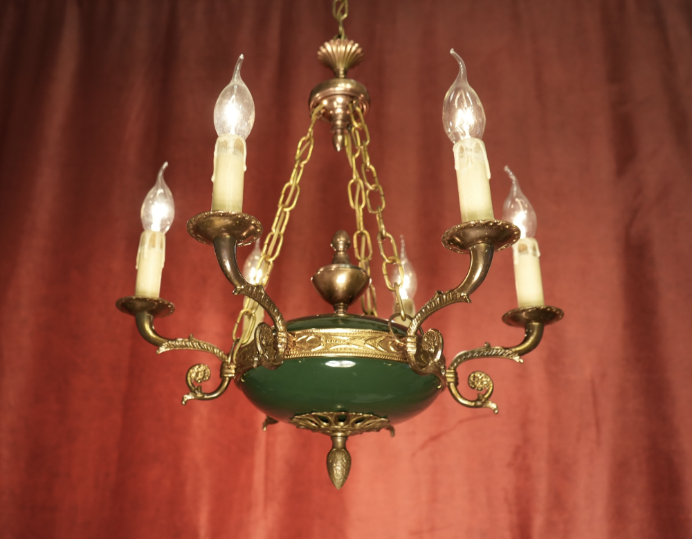 kleiner wunderschöner Empire Kronleuchter leuchtender Grünlack 6 flammig Kupferelemente