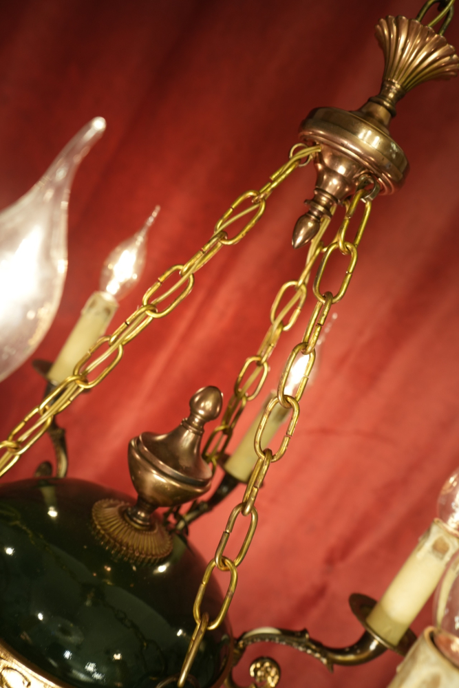 kleiner wunderschöner Empire Kronleuchter leuchtender Grünlack 6 flammig Kupferelemente