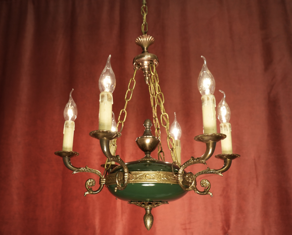 kleiner wunderschöner Empire Kronleuchter leuchtender Grünlack 6 flammig Kupferelemente