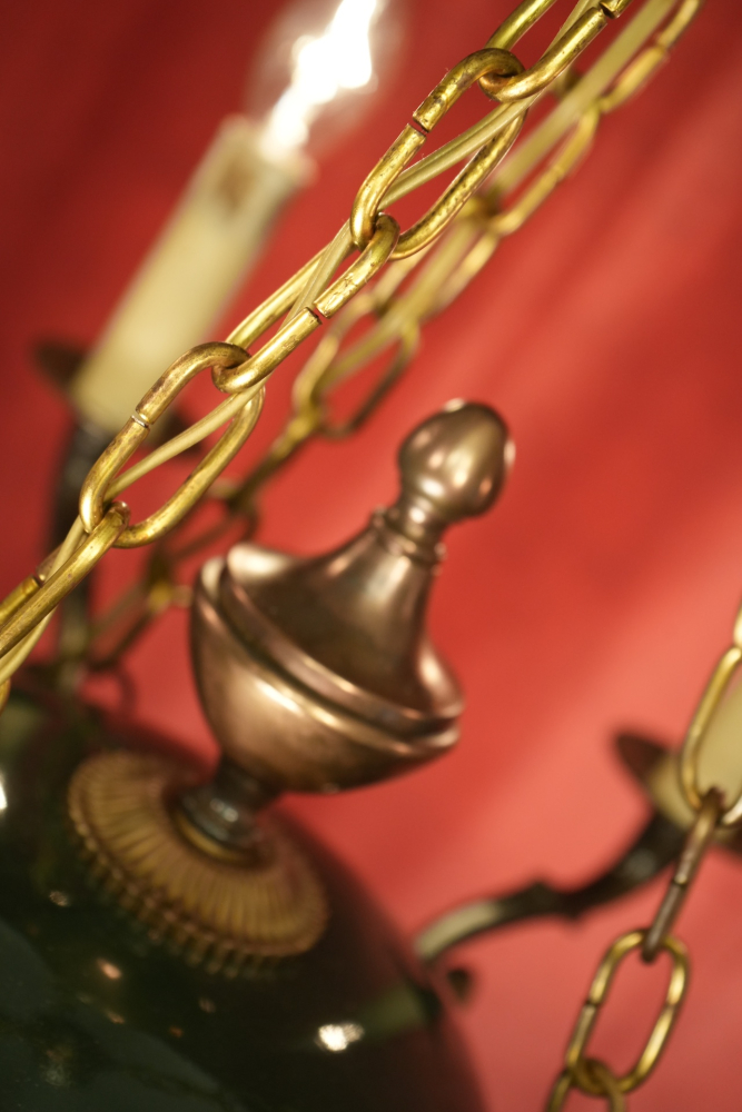 kleiner wunderschöner Empire Kronleuchter leuchtender Grünlack 6 flammig Kupferelemente