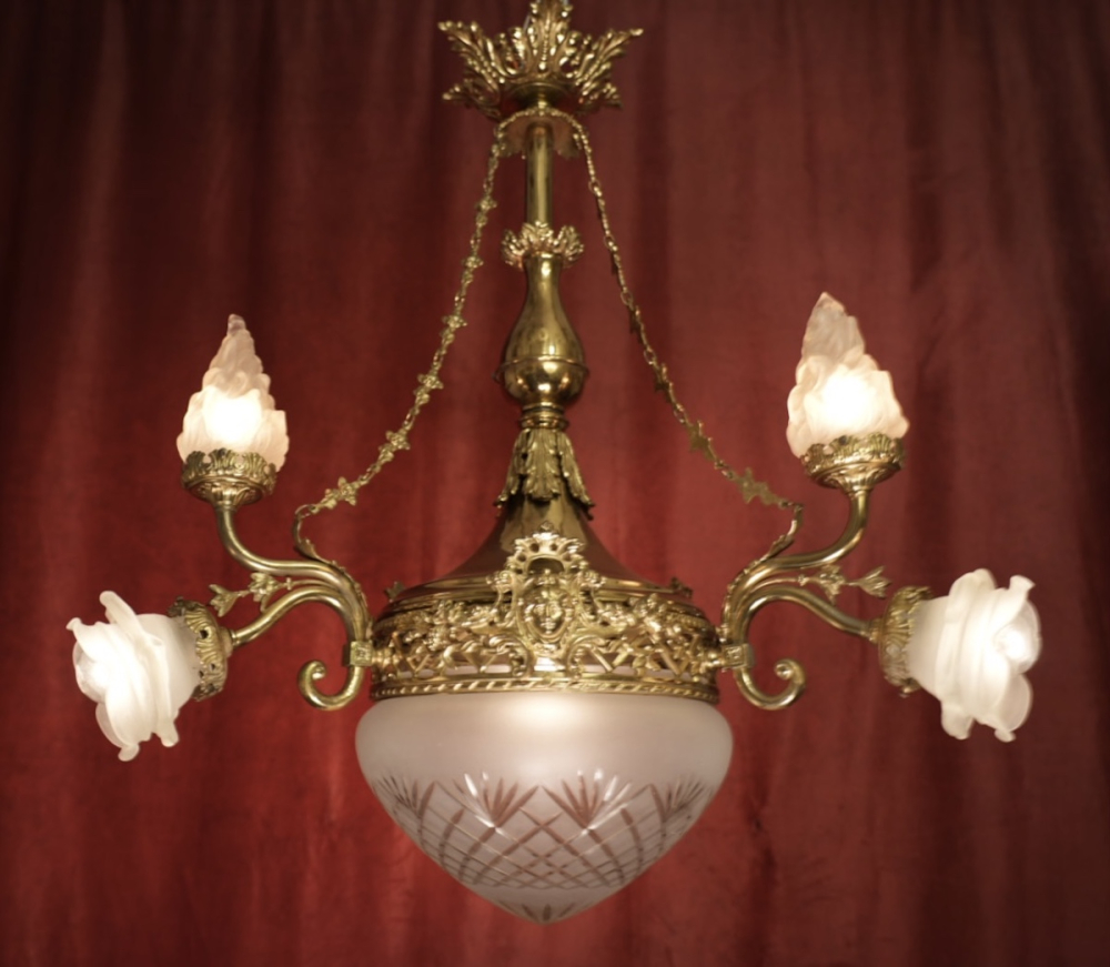 wunderschöne alte Messing Lampe 7 flammig glänzend satiniertes Glaswerk