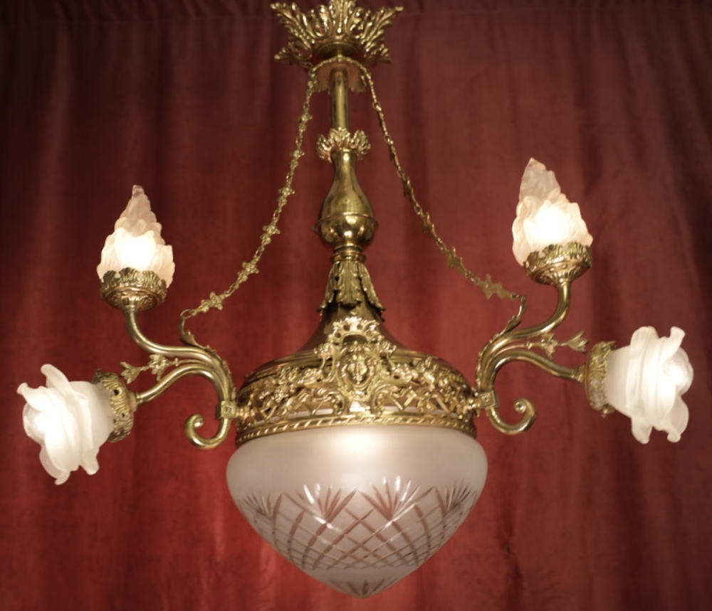 wunderschöne alte Messing Lampe 7 flammig glänzend satiniertes Glaswerk