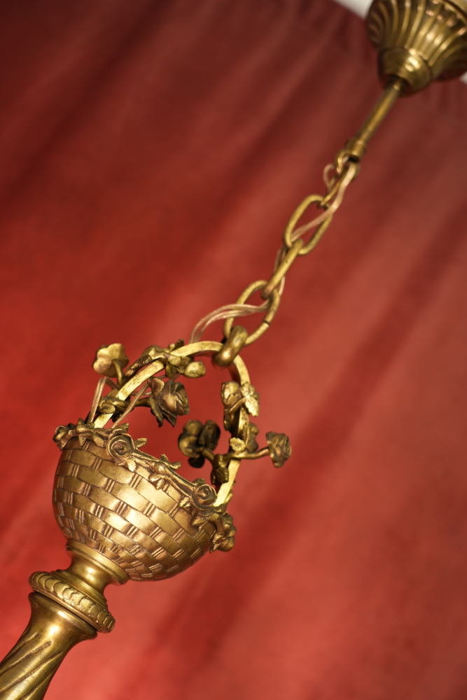 schwere antike Bronze Lampe Kronleuchter selten farbiges Glas