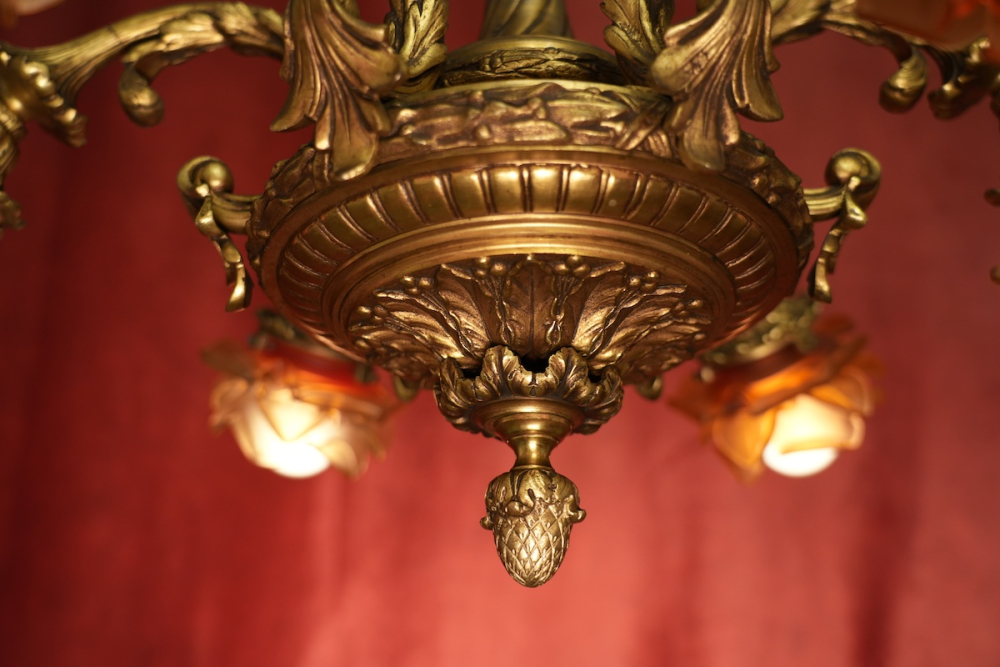 schwere antike Bronze Lampe Kronleuchter selten farbiges Glas