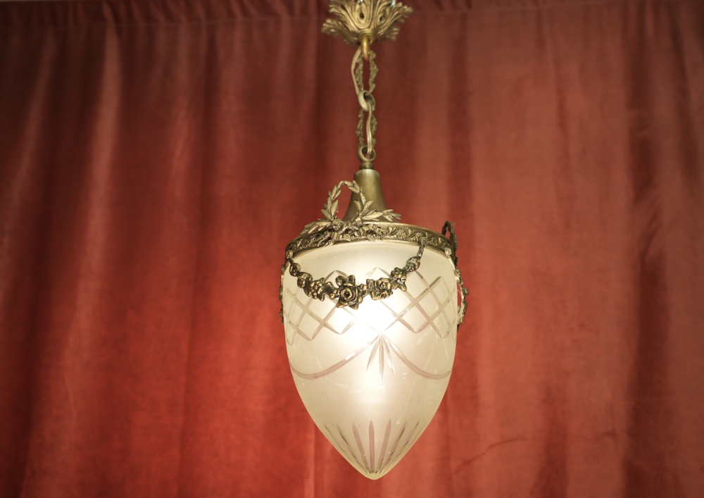 großer Jugendstil Tropfen Kronleuchter Leuchter Messing satiniertes Glas