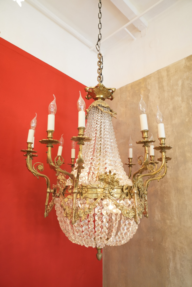 Großer Kristall Korblüster 20-flammig Messing Louis XVI Stil 80 cm