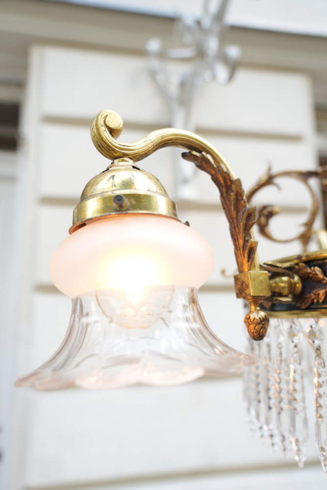 Empire Kronleuchter/ antike Lampe mit seltenem Zapfenschliff Kristallbehang 4-flammig
