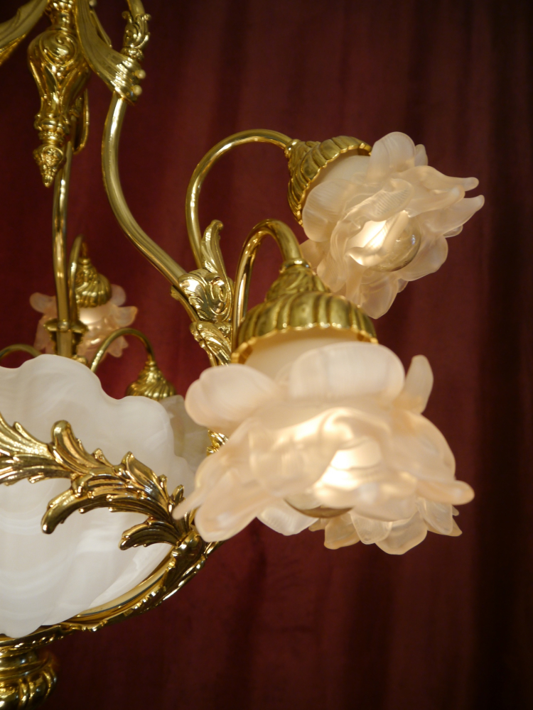 schöne große Muschelschalen Lampe Kronleuchter rosa Rosenblatt Messing glänzend 12 flammig