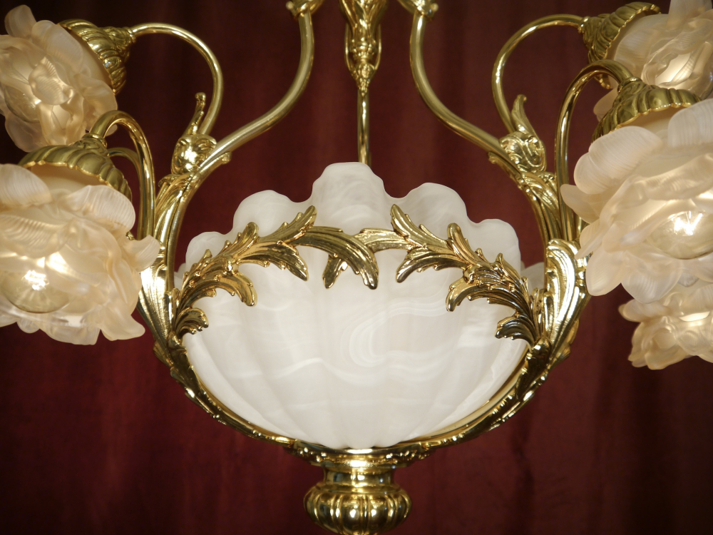 schöne große Muschelschalen Lampe Kronleuchter rosa Rosenblatt Messing glänzend 12 flammig