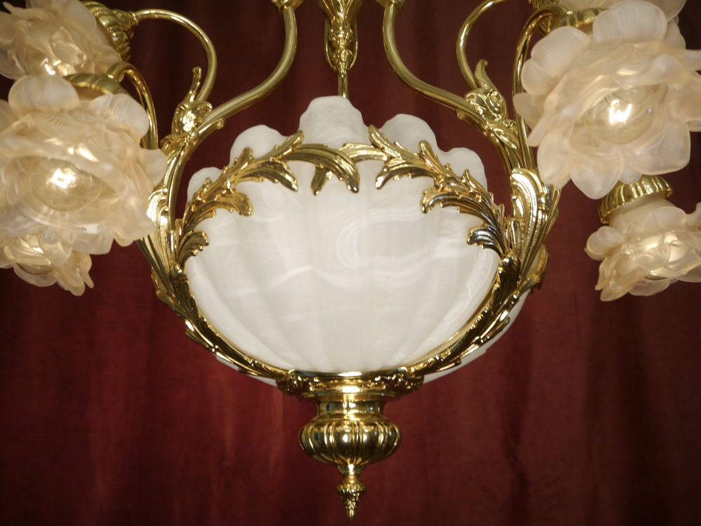 schöne große Muschelschalen Lampe Kronleuchter rosa Rosenblatt Messing glänzend 12 flammig