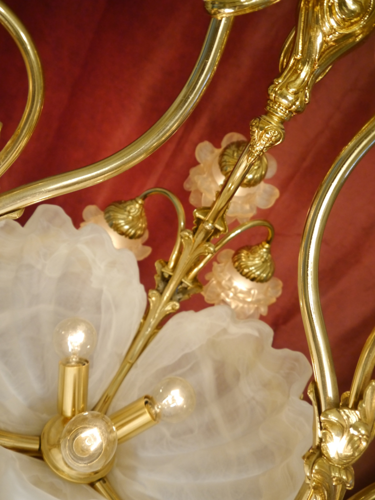 schöne große Muschelschalen Lampe Kronleuchter rosa Rosenblatt Messing glänzend 12 flammig