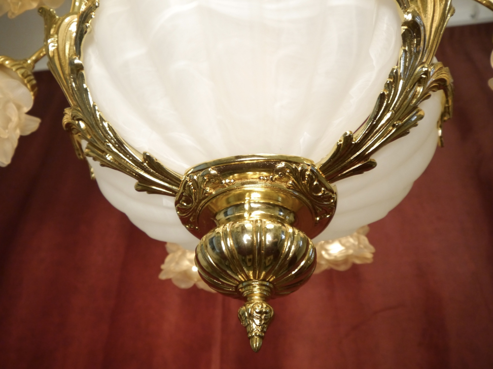 schöne große Muschelschalen Lampe Kronleuchter rosa Rosenblatt Messing glänzend 12 flammig