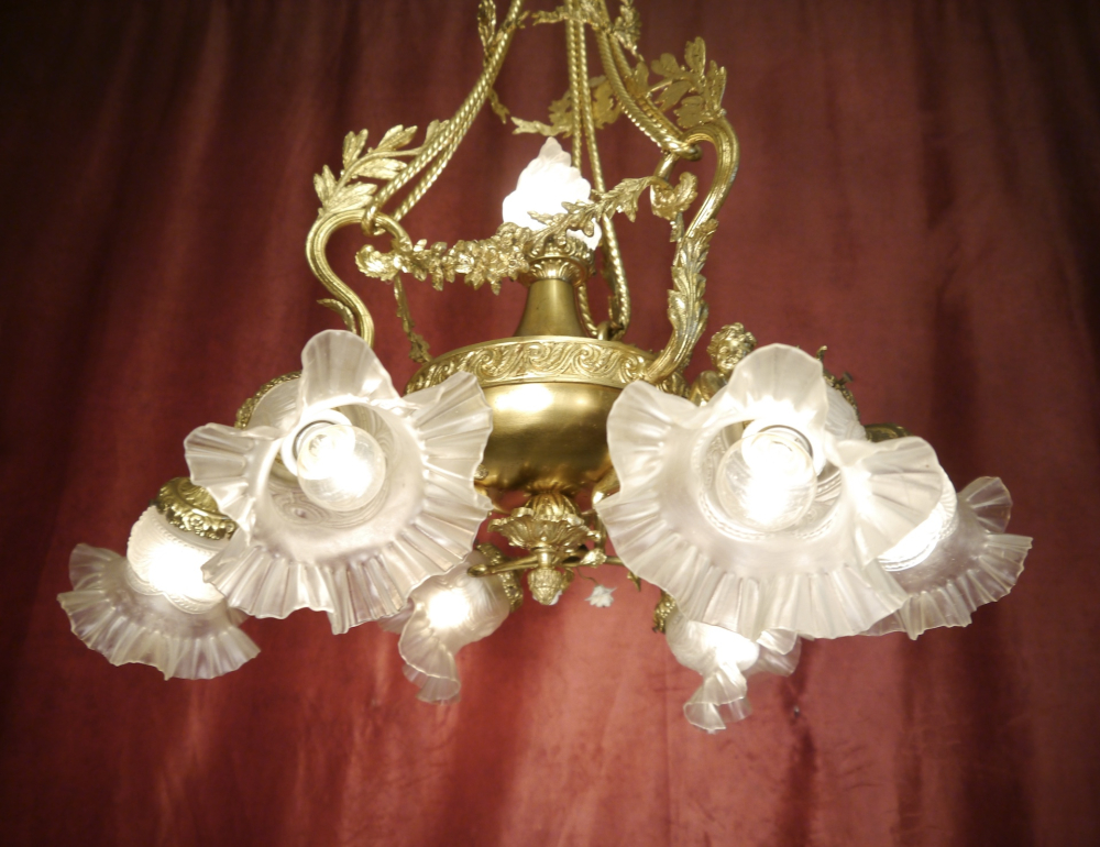 Beautiful tall antique Art Nouveau lamp, gold bronze, satin rose petal bowls, 7 lights