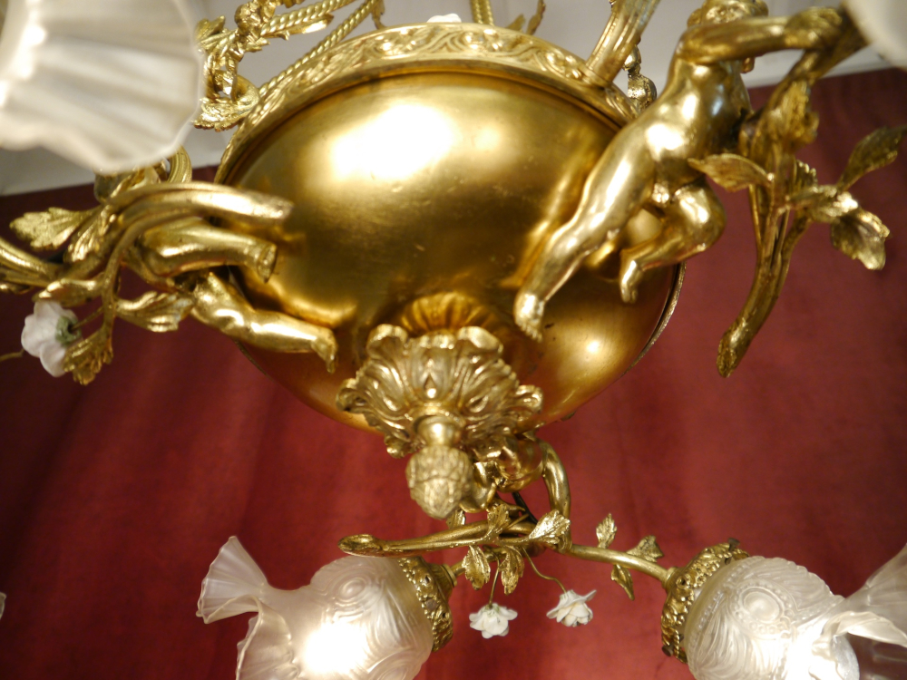 Beautiful tall antique Art Nouveau lamp gold bronze, satin rose petal bowls 7 lights