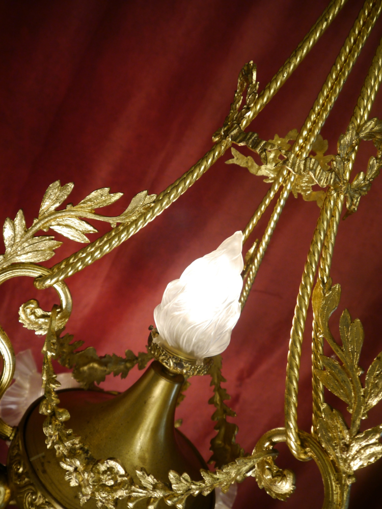 Beautiful tall antique Art Nouveau lamp gold bronze, satin rose petal bowls 7 lights