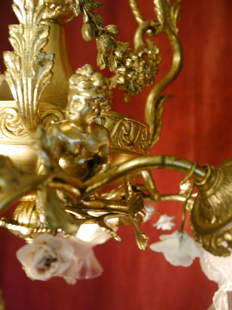 Beautiful tall antique Art Nouveau lamp gold bronze, satin rose petal bowls 7 lights