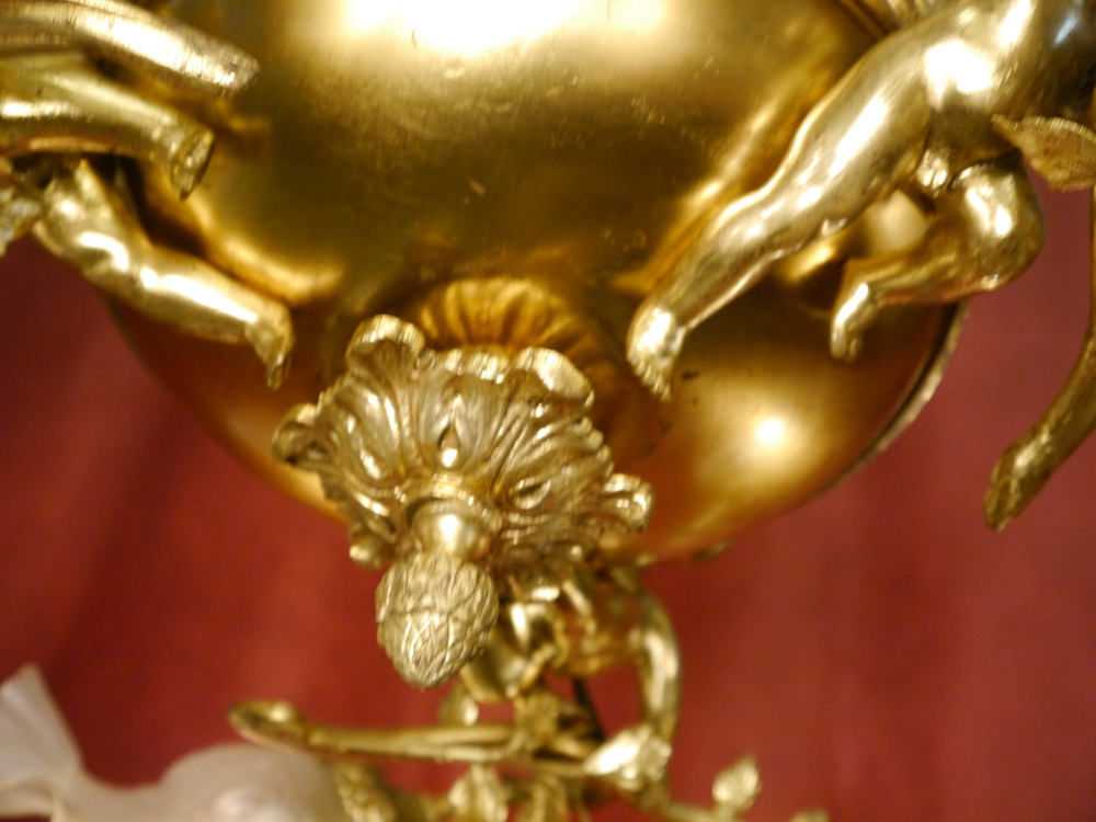 Beautiful tall antique Art Nouveau lamp gold bronze, satin rose petal bowls 7 lights