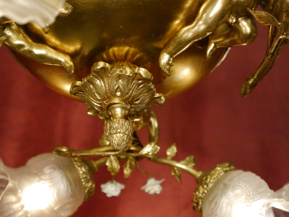 Beautiful tall antique Art Nouveau lamp gold bronze, satin rose petal bowls 7 lights