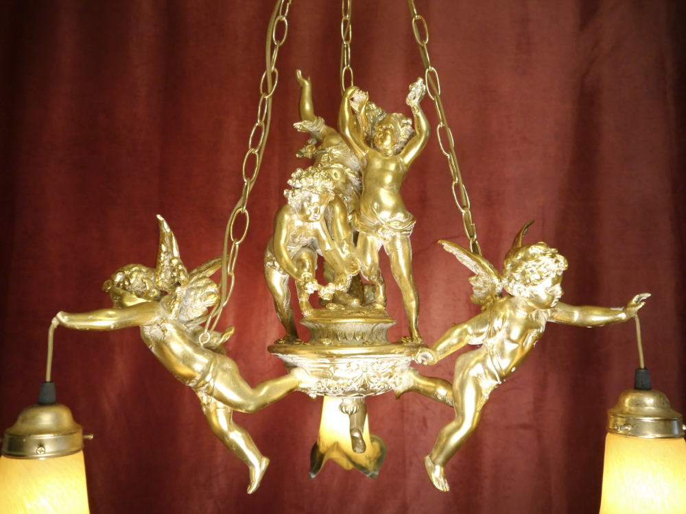 Large tall Art Nouveau Chandelier Lamp with colored delicate glass shade, Berlin