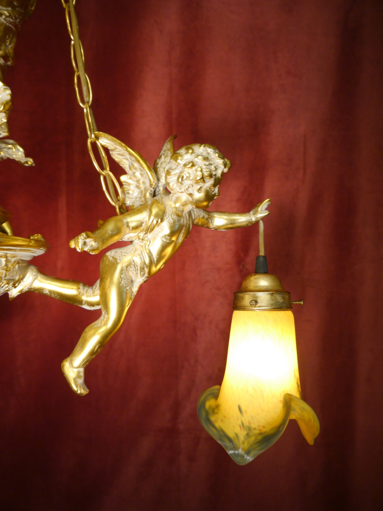 Large tall Art Nouveau Chandelier Lamp with colored delicate glass shade, Berlin