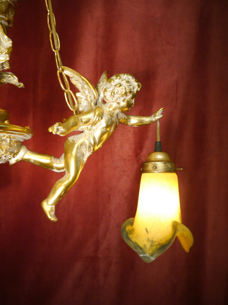 Large tall Art Nouveau Chandelier Lamp with colored delicate glass shade, Berlin