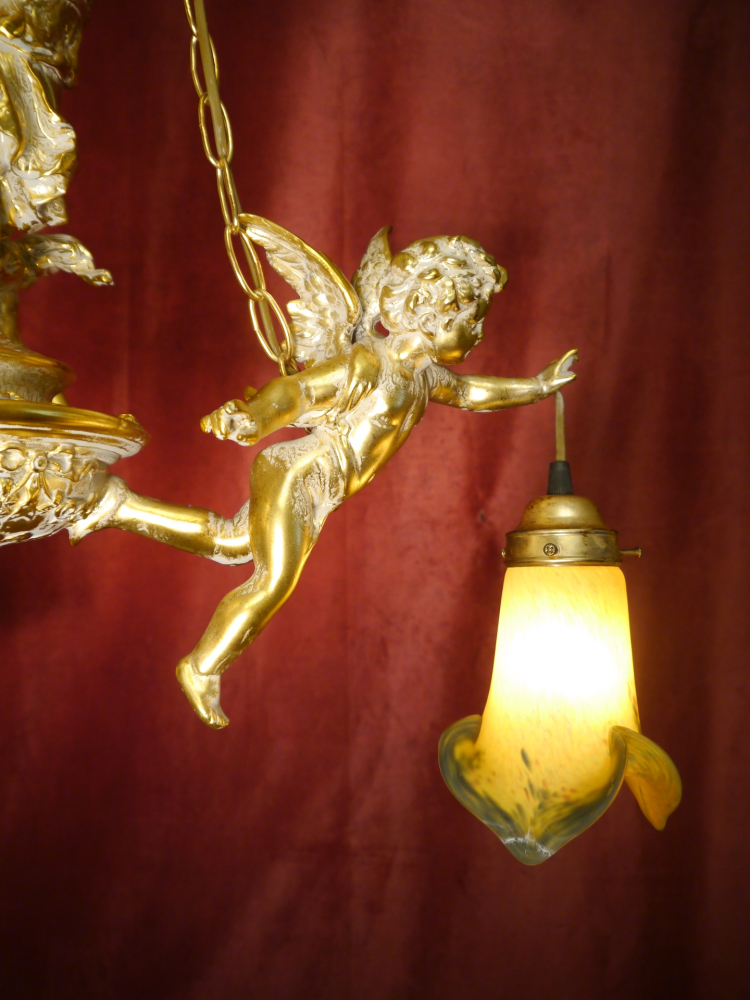 Large tall Art Nouveau Chandelier Lamp with colored delicate glass shade, Berlin