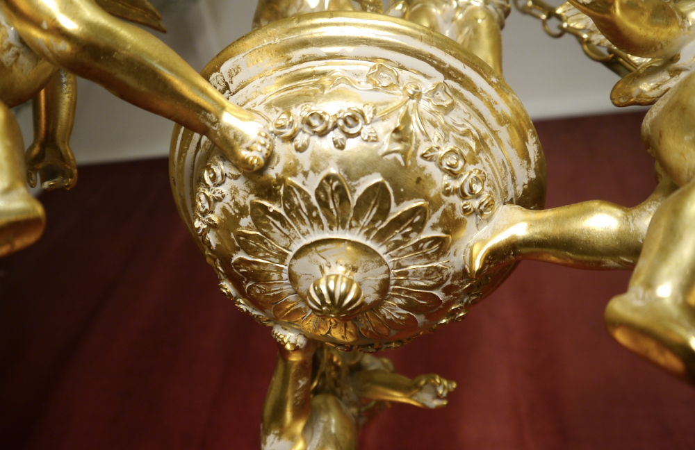 Large tall Art Nouveau Chandelier Lamp with colored delicate glass shade, Berlin