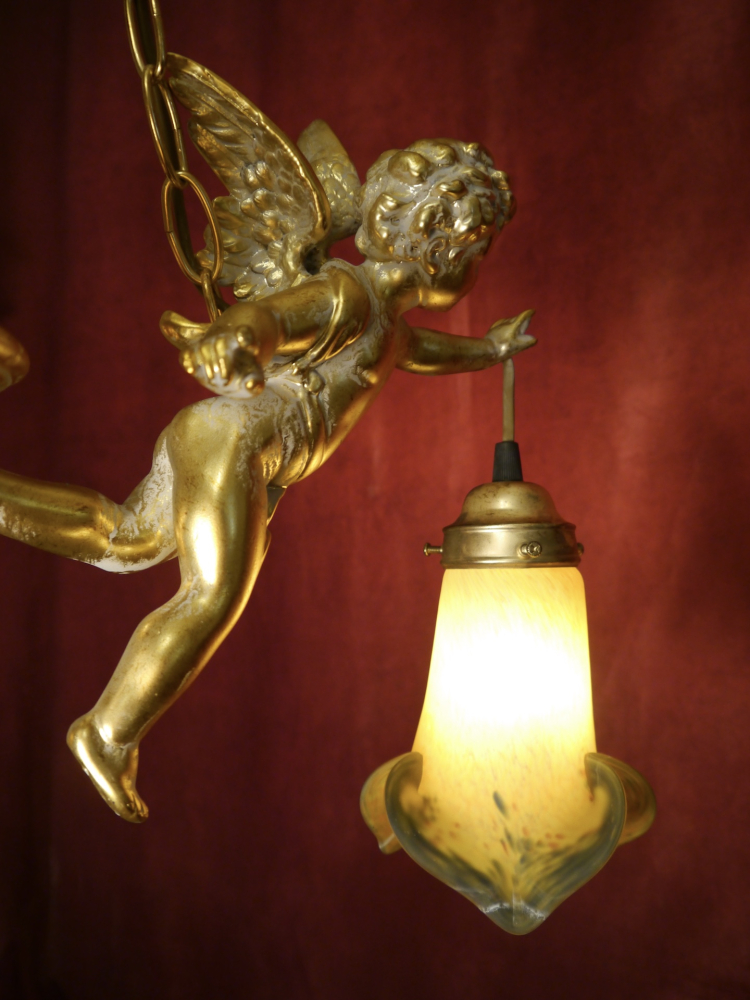 Large tall Art Nouveau Chandelier Lamp with colored delicate glass shade, Berlin