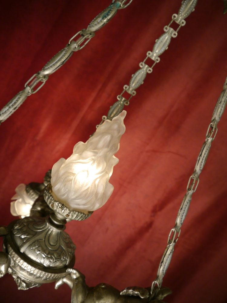 Beautiful antique Art Nouveau lamp, bronze nickel silver-colored, 3 lights