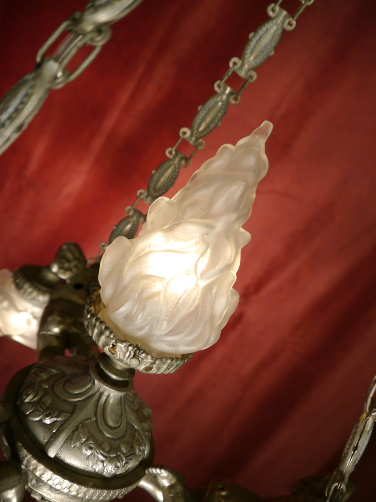 Beautiful antique Art Nouveau lamp, bronze nickel silver-colored, 3 lights
