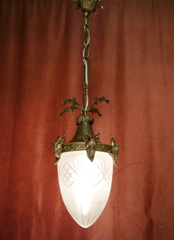 Bronze Chandelier antique Ceiling lamp Art Nouveau cut satined glass c. 1910