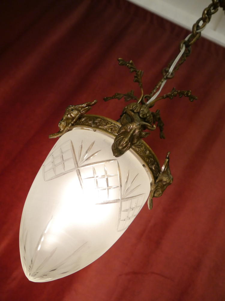 Bronze Chandelier antique Ceiling lamp Art Nouveau cut satined glass c. 1910