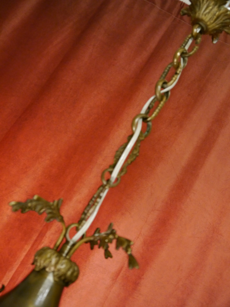 Bronze Chandelier antique Ceiling lamp Art Nouveau cut satined glass c. 1910