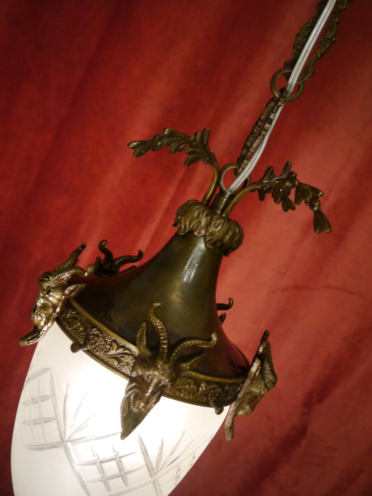 Bronze Chandelier antique Ceiling lamp Art Nouveau cut satined glass c. 1910