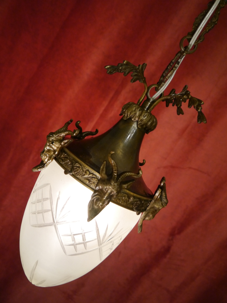 Bronze Chandelier antique Ceiling lamp Art Nouveau cut satined glass c. 1910