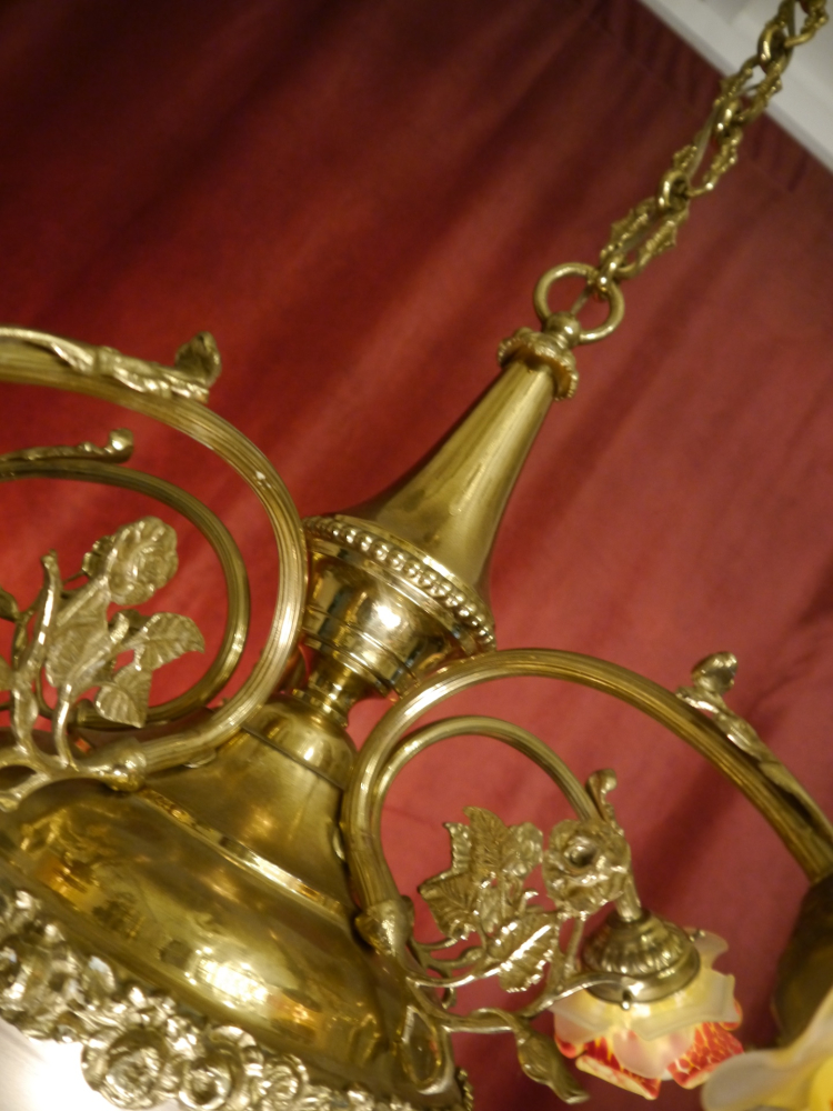 Beautiful Italian ceiling lamp, brass, red and yellow rose petal bowls, all original, Berlin