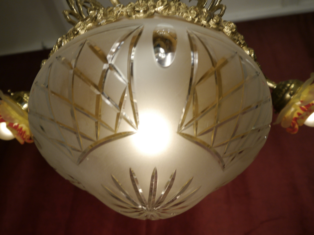 Beautiful Italian ceiling lamp, brass, red and yellow rose petal bowls, all original, Berlin