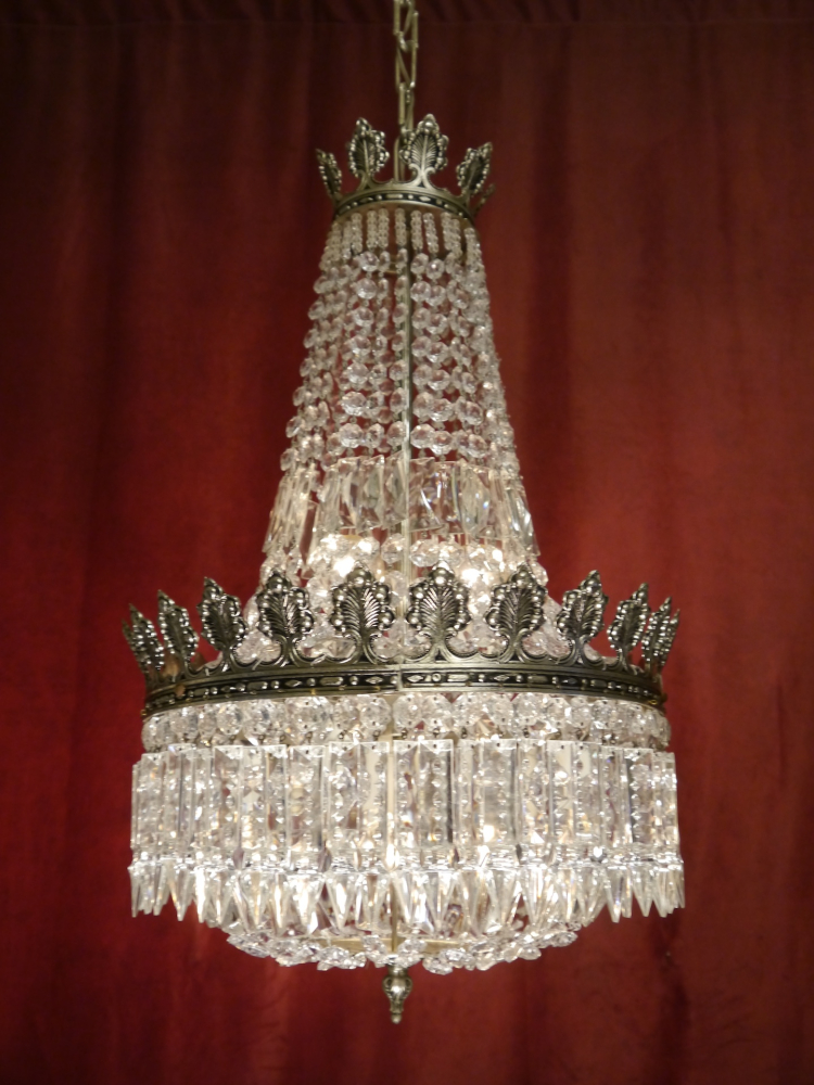 schöner mittelgroßer italienischer Kristall Korblüster Kronleuchter Nickel silberfarben Messing 6 flammig Berlin